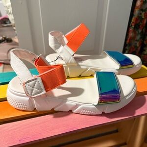 Chinese Laundry Advocate Iridescent Sport Strapped Sandals White Orange Sz 7.5